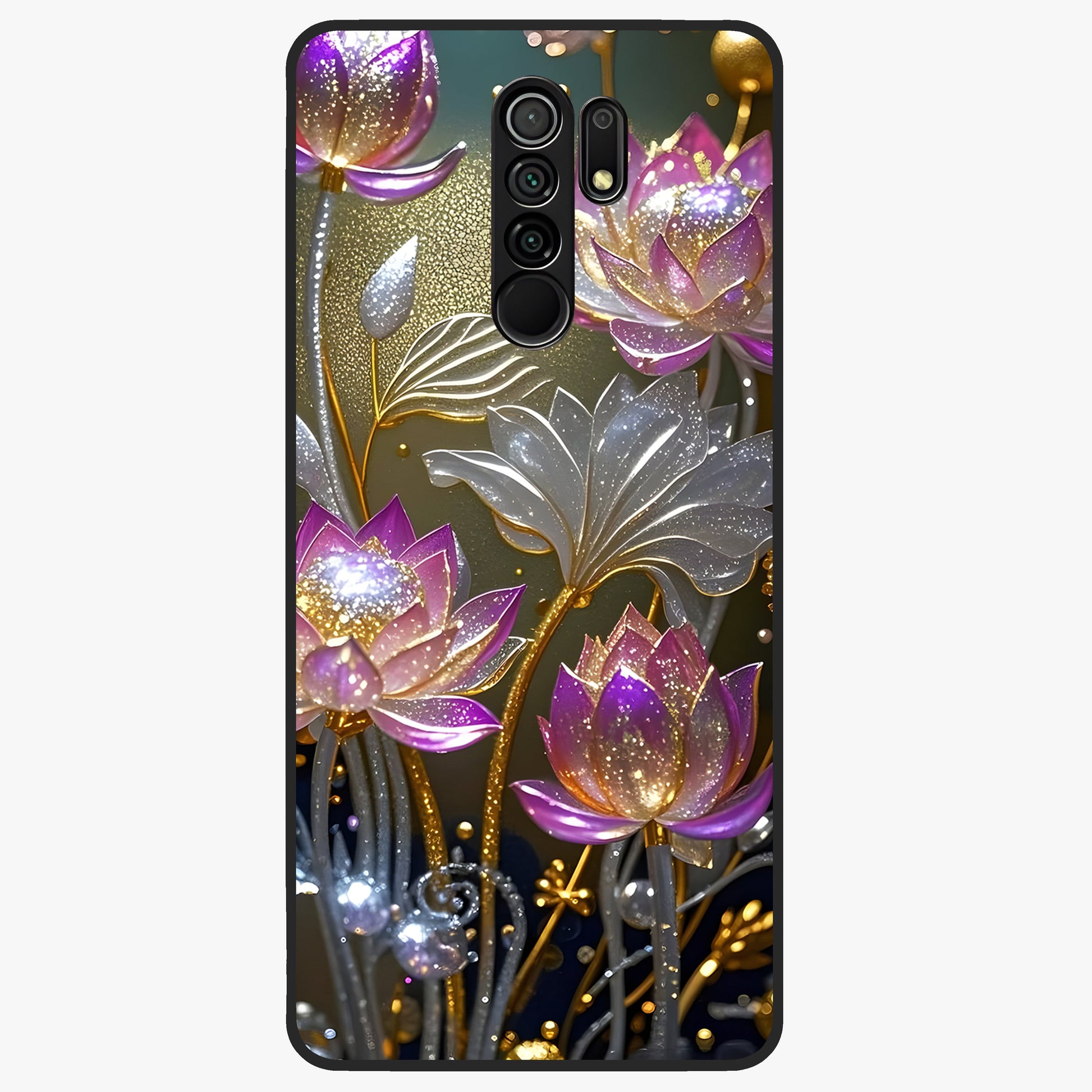Golden Lotus Glow Glass Case showing flat back view with glowing lotus flower artwork and glossy glass finish.