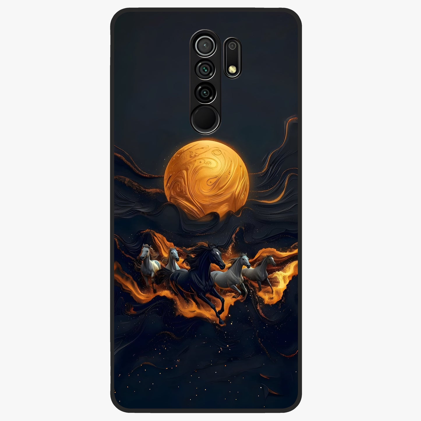 Golden Stallion Moonride Glass Case showing flat back view with majestic horse under moonlight artwork and glossy glass finish.