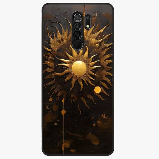 Golden Sun Majesty Glass Case showing flat back view with radiant golden sun artwork and glossy glass finish.