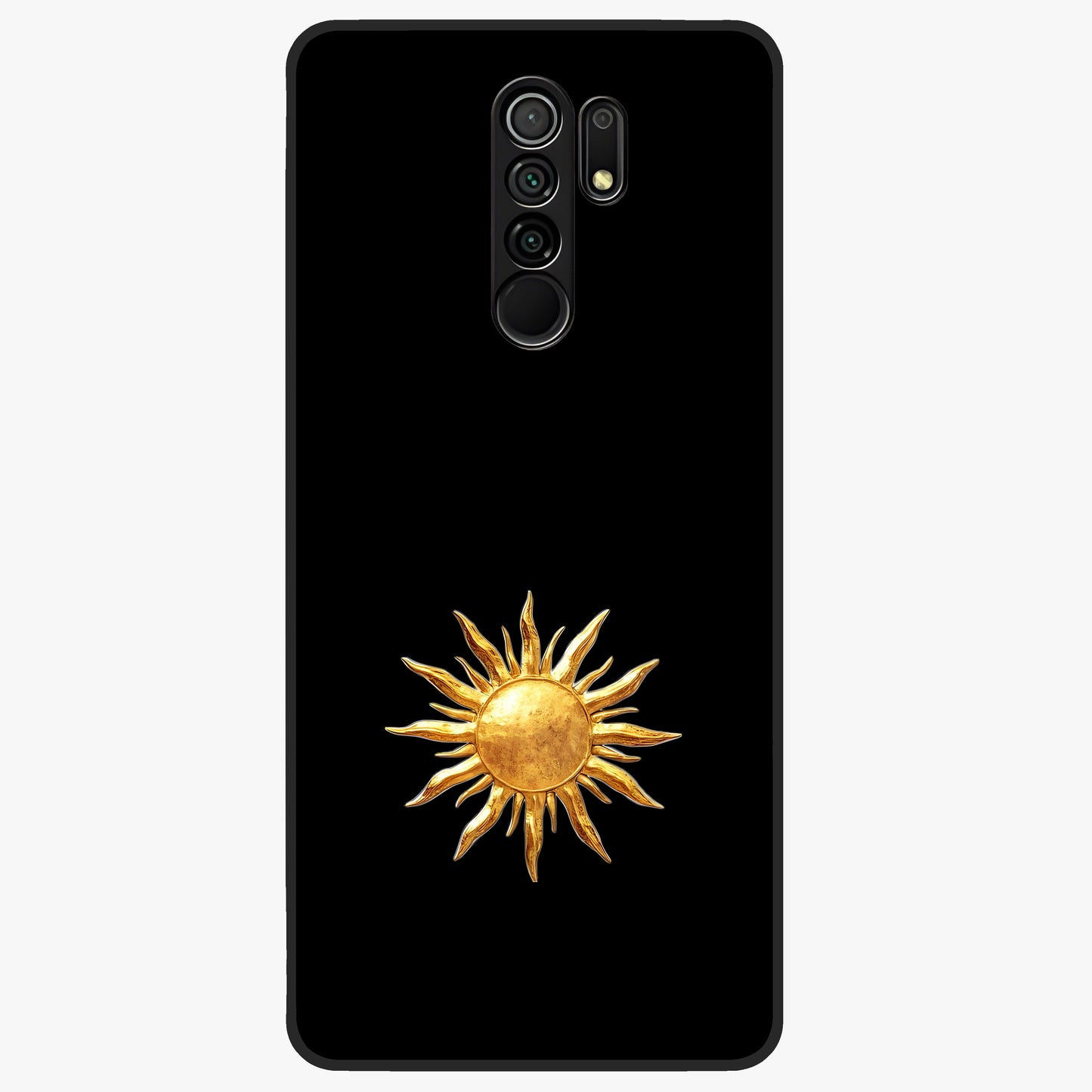 Golden Sun Minimalism Glass Case showing flat back view with minimal golden sun artwork and glossy glass finish.