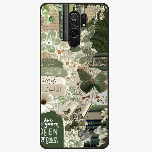 Green Islamic Books Quotes Glass Case showing flat back view with Islamic quotes and book themed artwork and glossy glass finish.