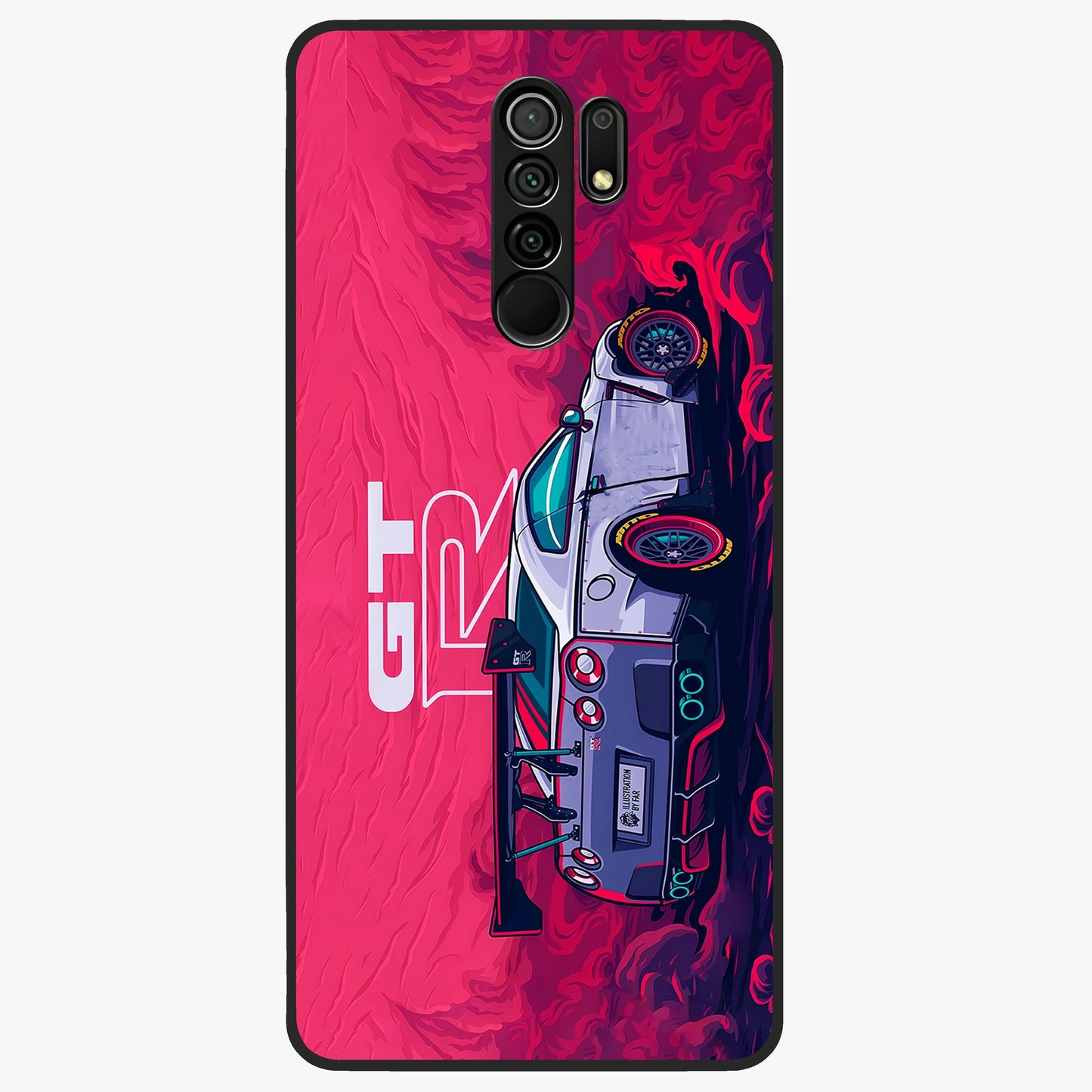 GT-R Car Pattern Glass Case showing flat back view with sporty car inspired pattern artwork and glossy glass finish.