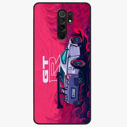 GT-R Car Pattern Glass Case showing flat back view with sporty car inspired pattern artwork and glossy glass finish.