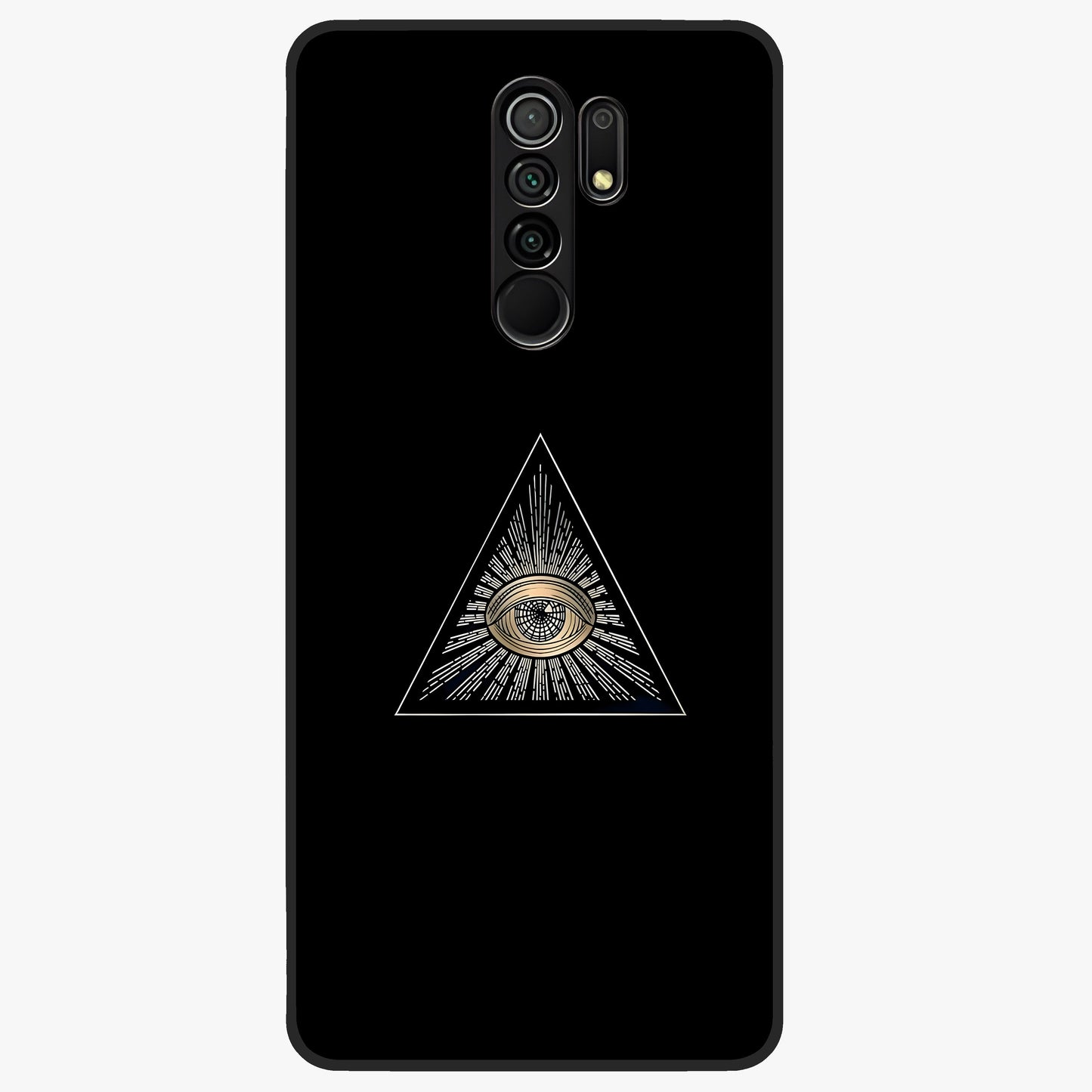Illuminati Evil Glass Case showing flat back view with mysterious illuminati symbol artwork and glossy glass finish.