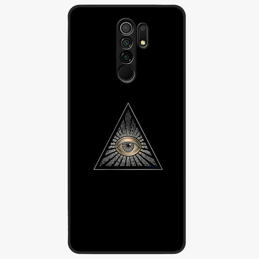 Illuminati Evil Glass Case showing flat back view with mysterious illuminati symbol artwork and glossy glass finish.