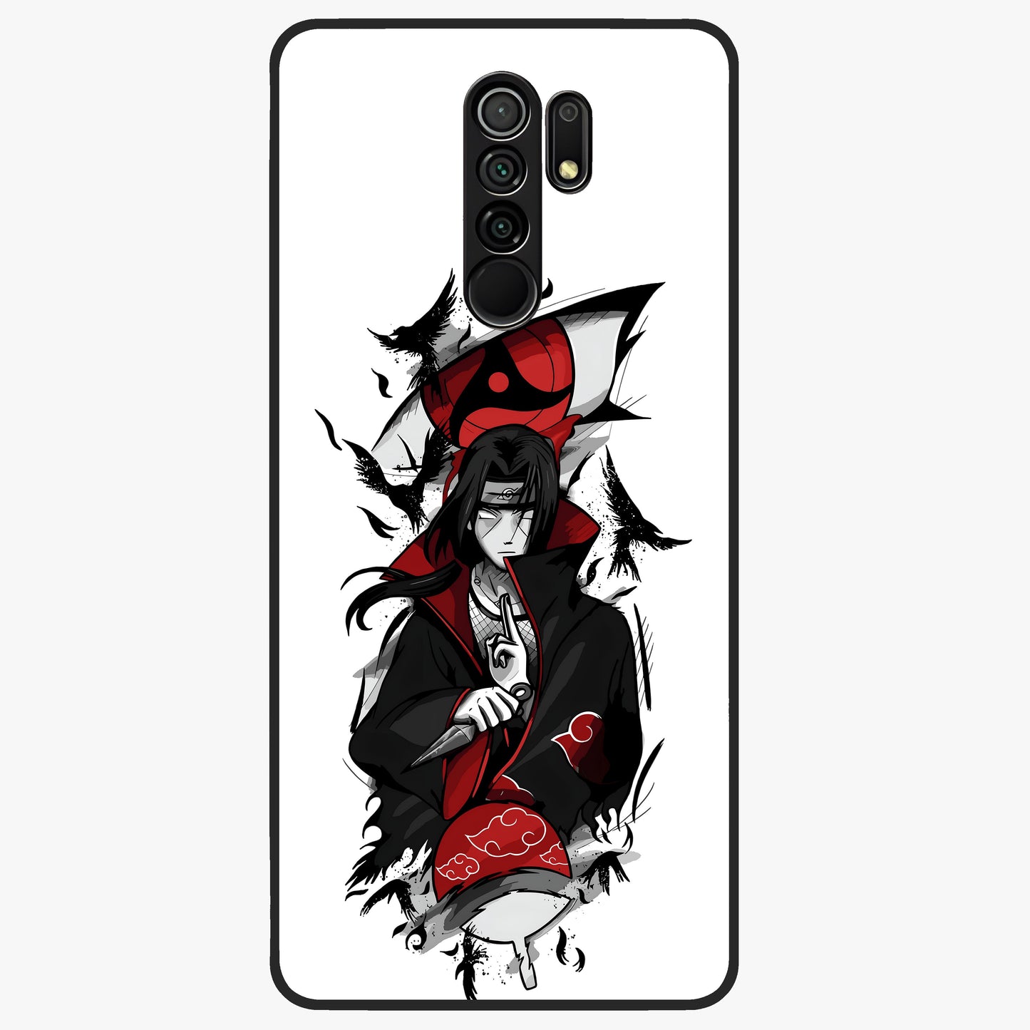 Itachi Sharingan Glass Case showing flat back view with powerful anime eye artwork and glossy glass finish.