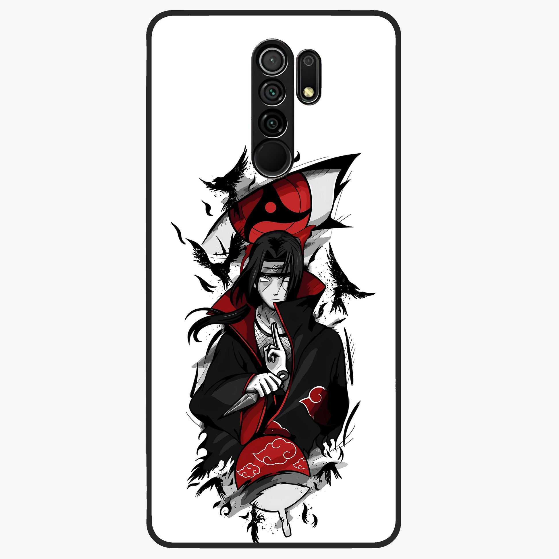 Itachi Sharingan Glass Case showing flat back view with powerful anime eye artwork and glossy glass finish.
