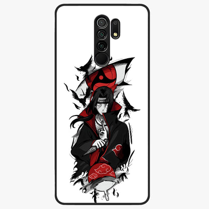 Itachi Sharingan Glass Case showing flat back view with powerful anime eye artwork and glossy glass finish.