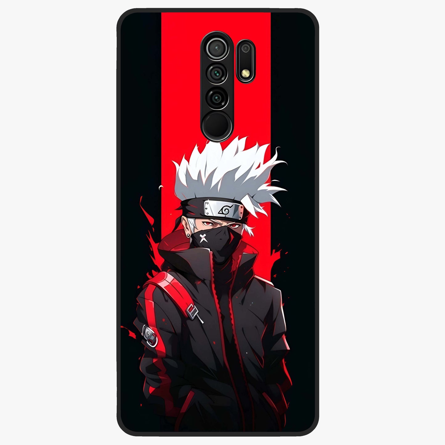 Kakashi Scarlet Shadow Glass Case showing flat back view with powerful anime ninja artwork and glossy glass finish.