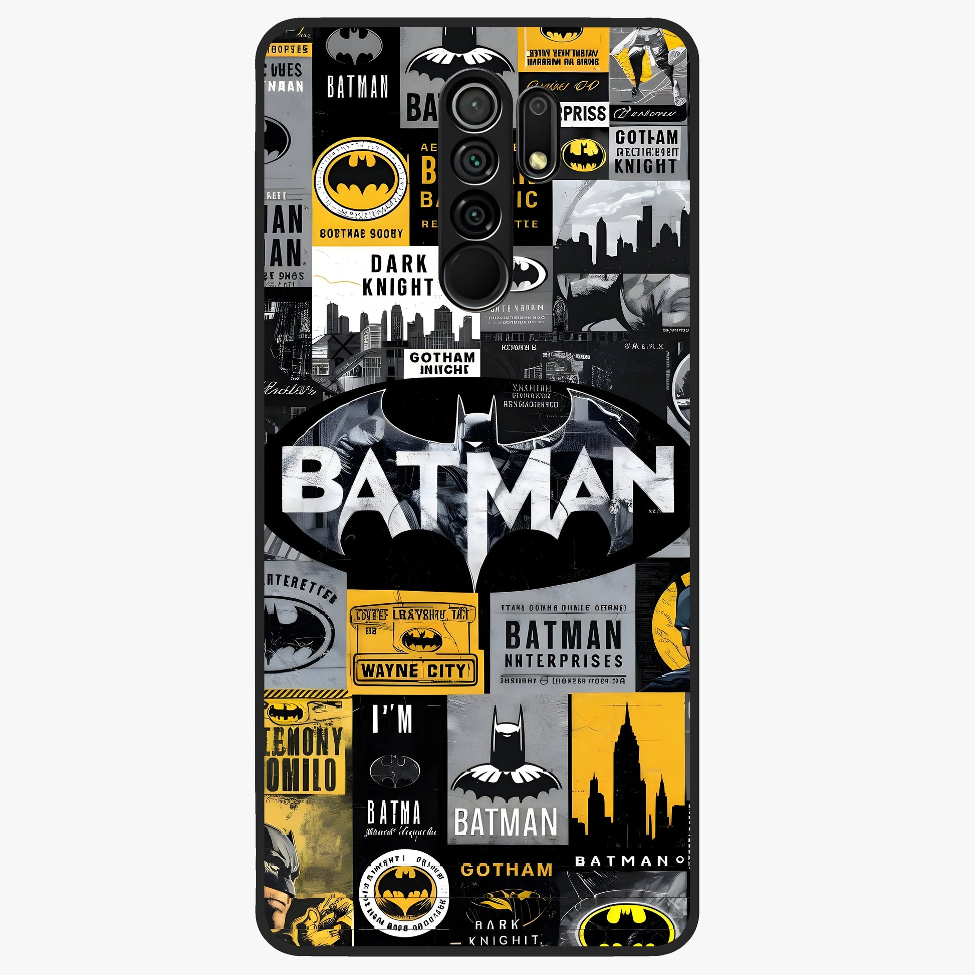 Knight Gotham Rise Glass Case showing flat back view with dark hero inspired artwork and glossy glass finish.