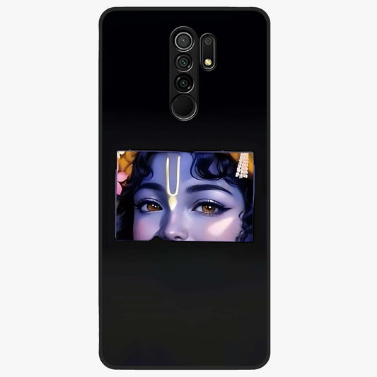 Krishna Divine Embrace Glass Case showing flat back view with Lord Krishna devotional artwork and glossy glass finish.