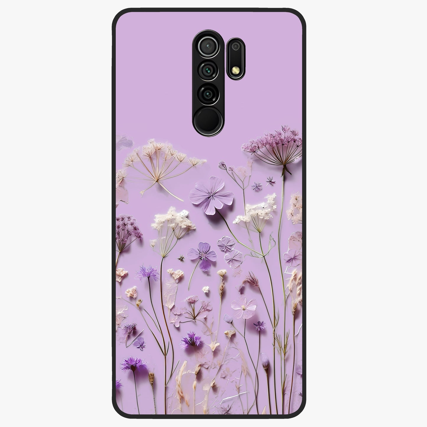 Lavender Blossom Dream Glass Case showing flat back view with soft lavender floral artwork and glossy glass finish.