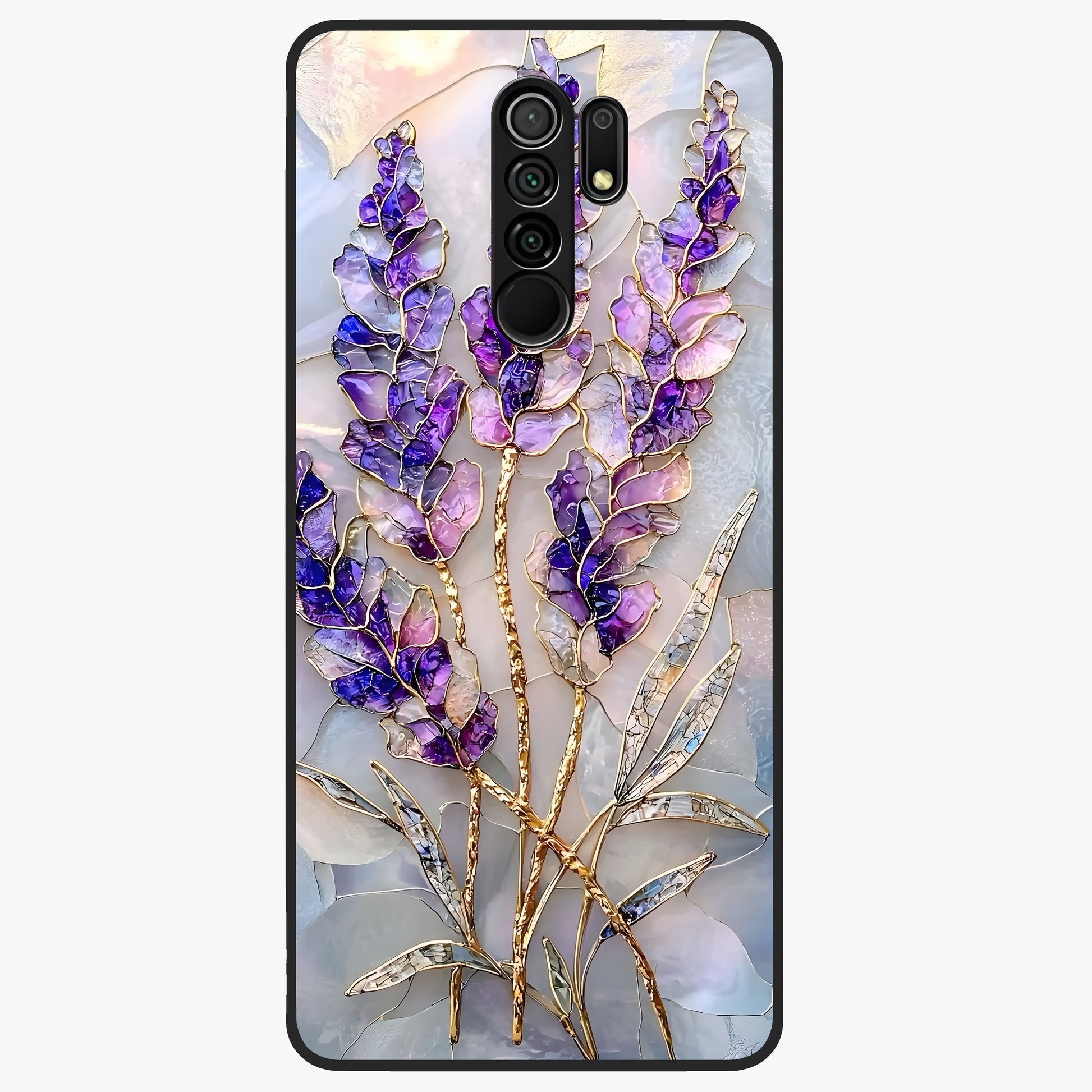 Lavender Dream Glow Glass Case showing flat back view with glowing lavender aesthetic artwork and glossy glass finish.