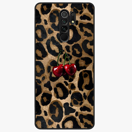 Leopard Wild Cherry Glass Case showing flat back view with leopard pattern and cherry artwork and glossy glass finish.