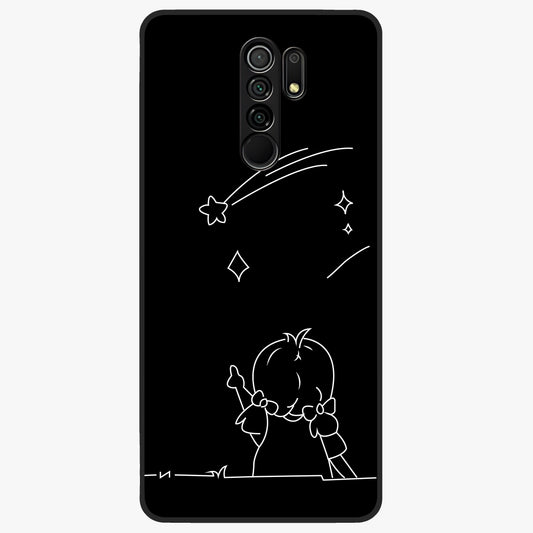 Line Art Girl With Shooting Stars Glass Case showing flat back view with minimal line art girl and shooting stars illustration and glossy glass finish.