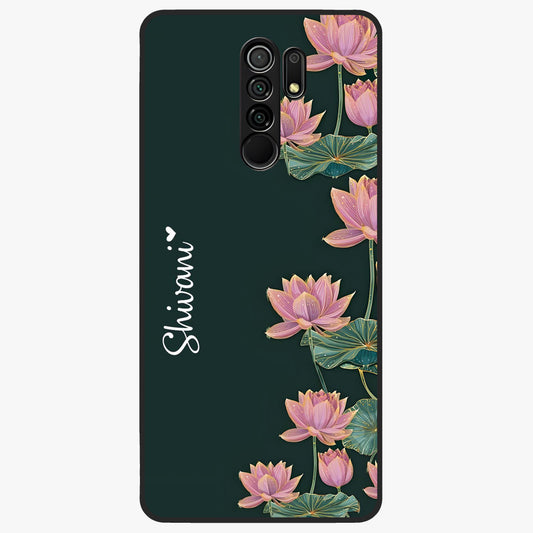 Lotus Bloom Serenity Custom Name Glass Case showing flat back view with elegant lotus flower artwork and personalized name design.