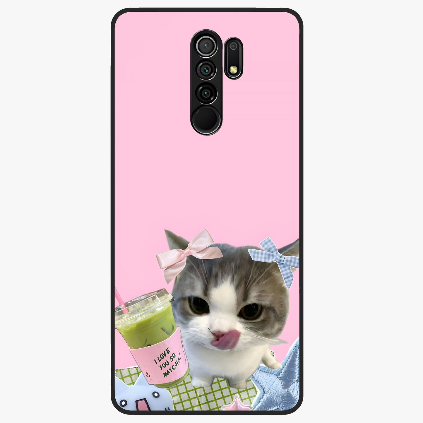 Love Matcha Cat Glass Case showing flat back view with cute cat and matcha themed artwork and glossy glass finish.