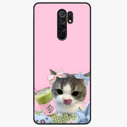Love Matcha Cat Glass Case showing flat back view with cute cat and matcha themed artwork and glossy glass finish.