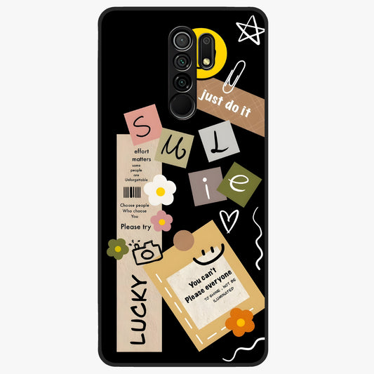 Lucky Aesthetic Collage Glass Case showing flat back view with trendy aesthetic collage artwork and glossy glass finish.