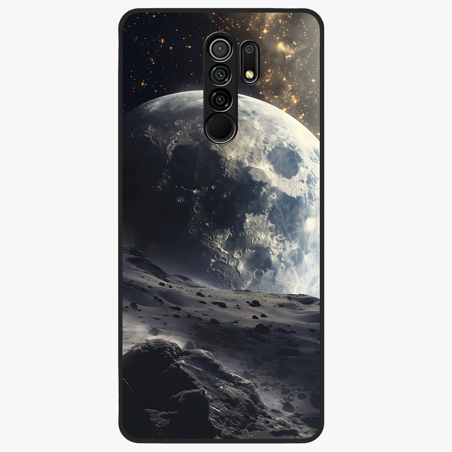 Lunar Horizon Glow Glass Case showing flat back view with glowing moon horizon artwork and glossy glass finish.