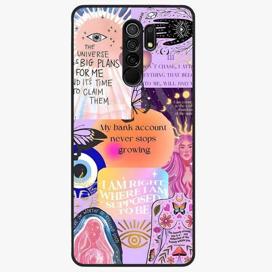 Manifestation Collage Glass Case showing flat back view with motivational collage artwork and glossy glass finish.