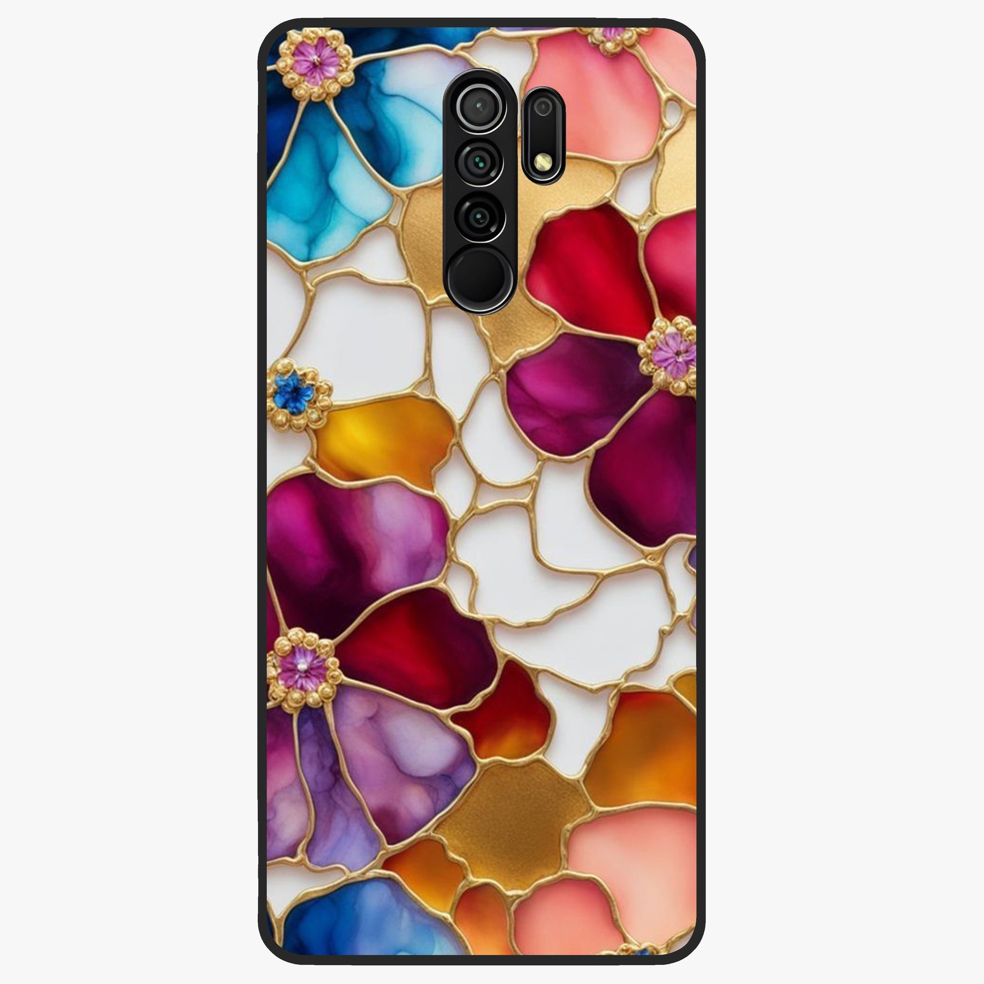 Marble Flower Pattern Glass Case showing flat back view with marble texture floral artwork and glossy glass finish.