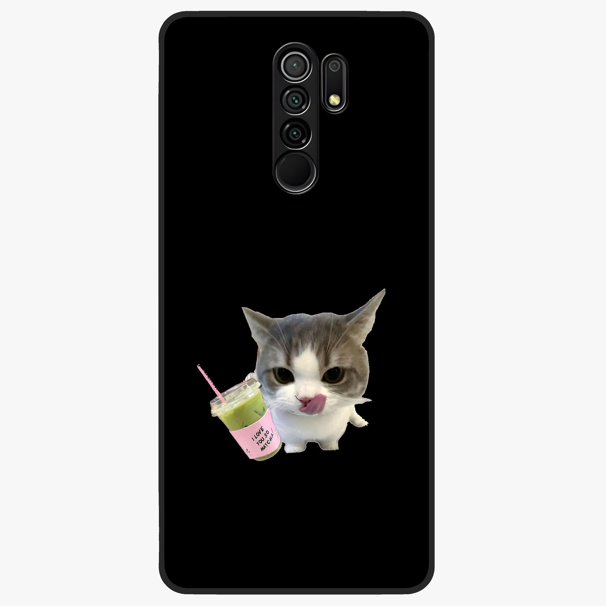Matcha Cat Style Glass Case showing flat back view with cute matcha themed cat artwork and glossy glass finish.