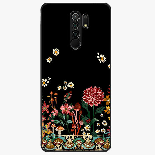 Midnight Bloom Pattern Glass Case showing flat back view with dark floral pattern artwork and glossy glass finish.