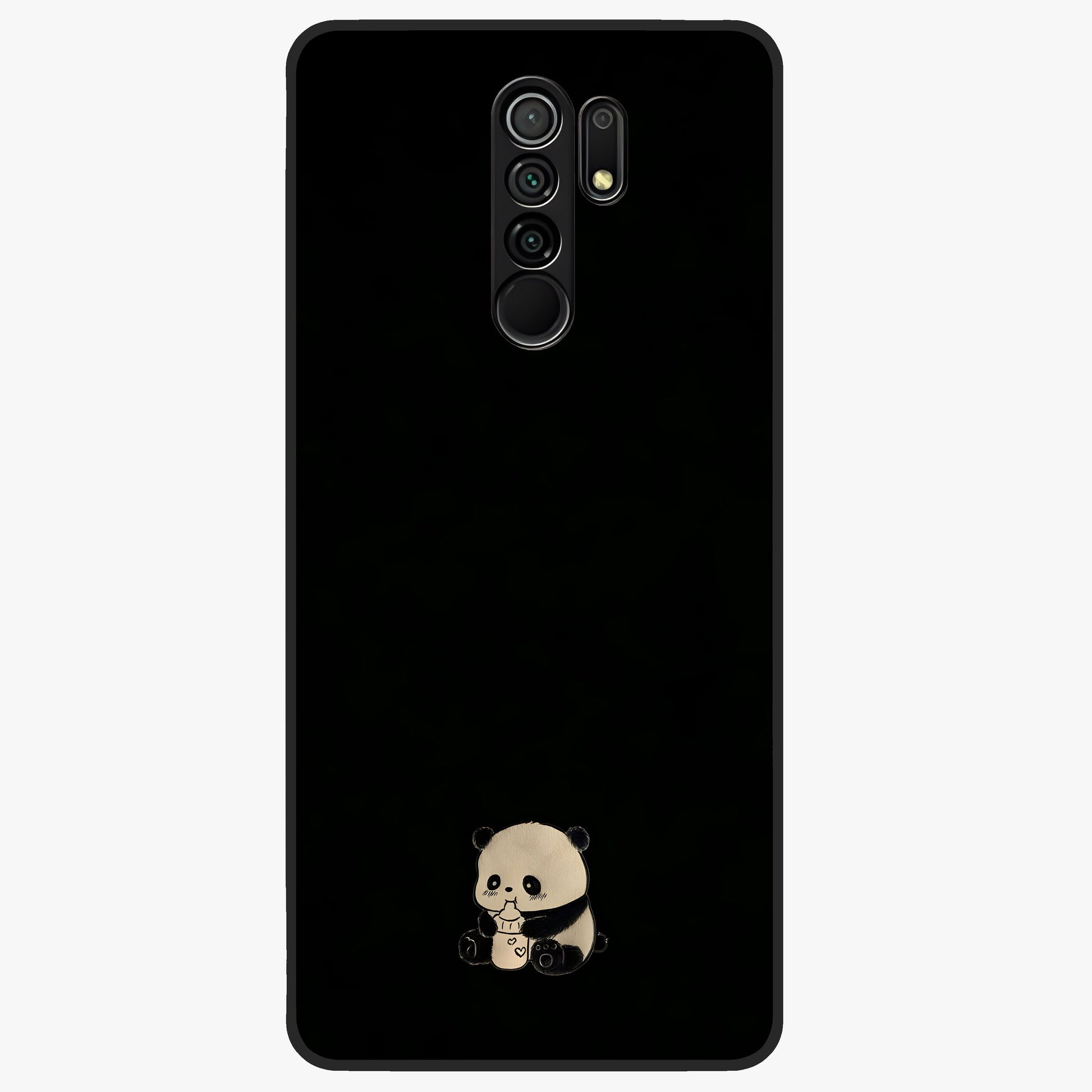 Midnight Panda Love Glass Case showing flat back view with cute panda themed artwork and glossy glass finish.