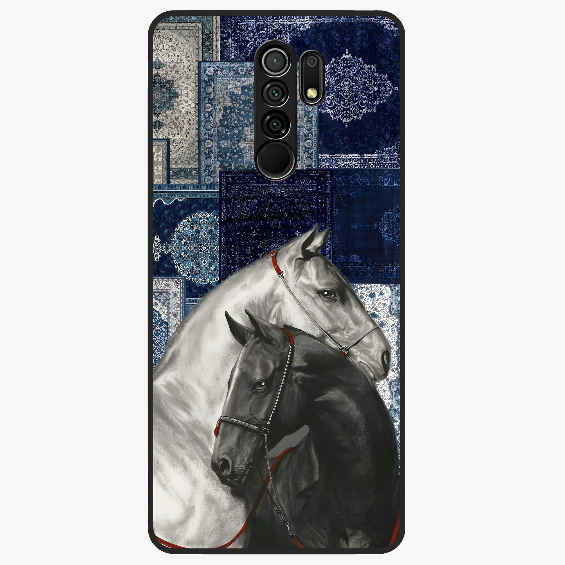 Midnight Stallion Blues Glass Case showing flat back view with majestic horse artwork and glossy glass finish.
