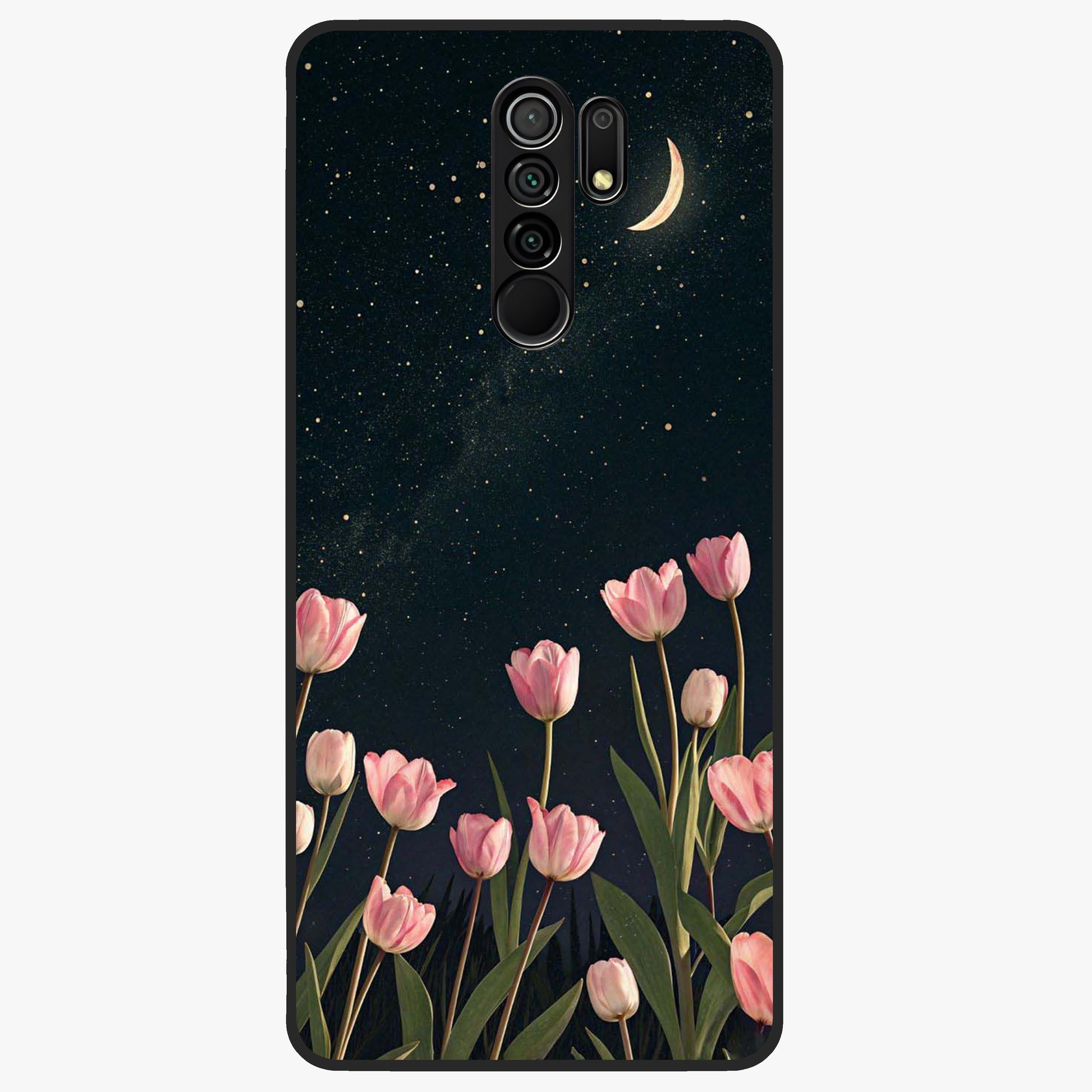 Midnight Tulip Whispers Vibe Glass Case showing flat back view with elegant tulip flower artwork and glossy glass finish.