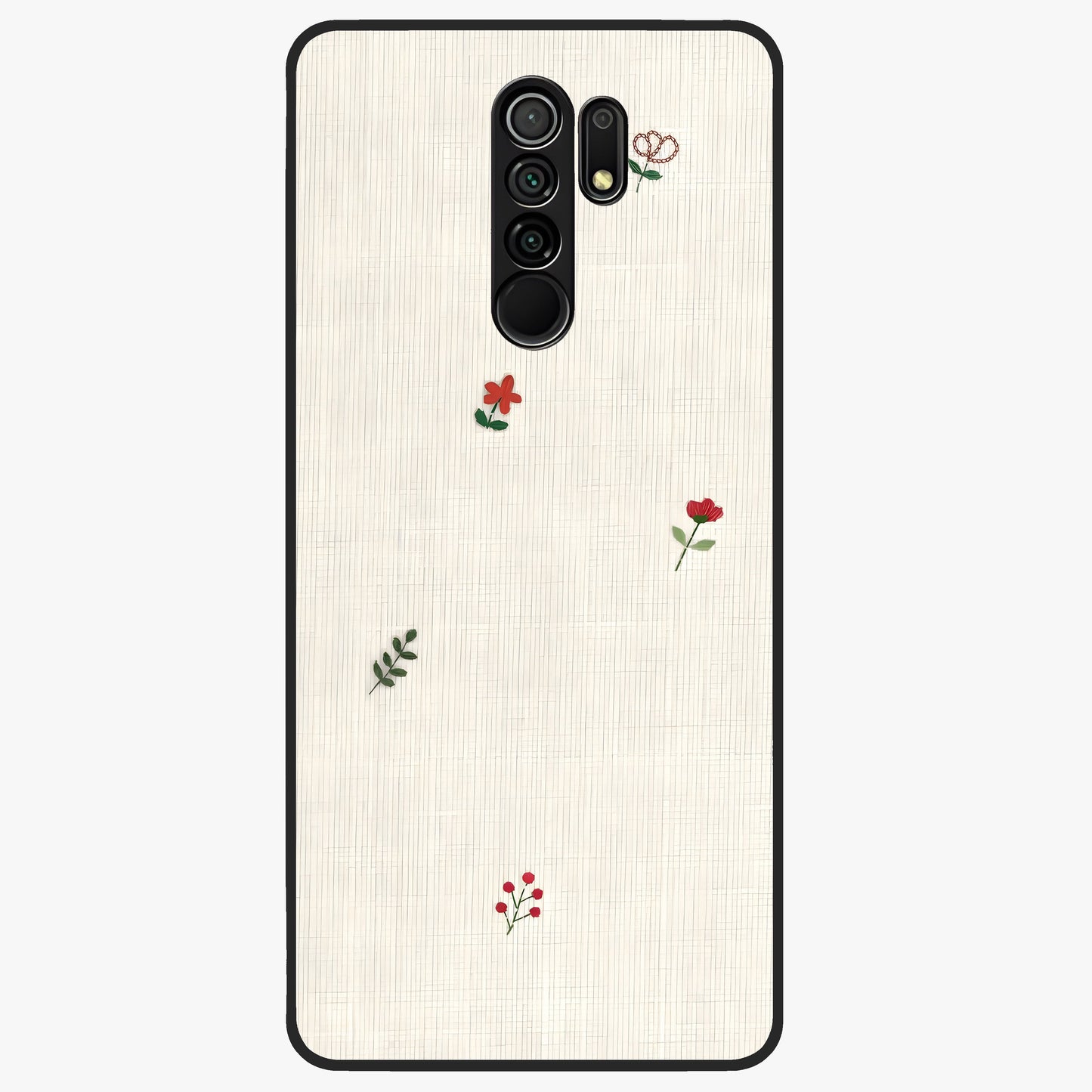 Minimal Petal Whispers Glass Case showing flat back view with soft minimal floral artwork and glossy glass finish.