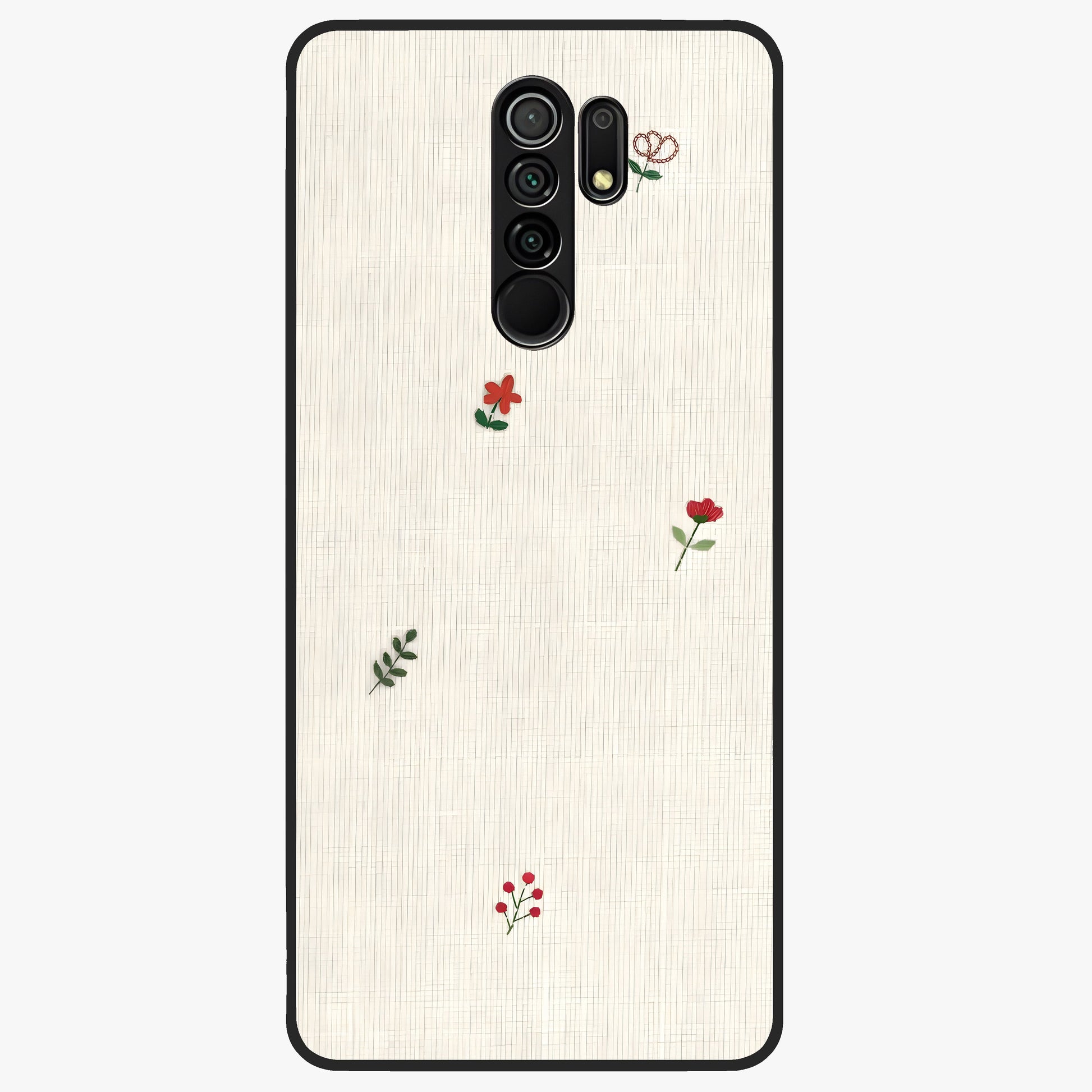 Minimal Petal Whispers Glass Case showing flat back view with soft minimal floral artwork and glossy glass finish.