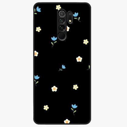 Minimalistic Blue With White Flower Pattern Glass Case showing flat back view with blue background and white flower pattern and glossy glass finish.