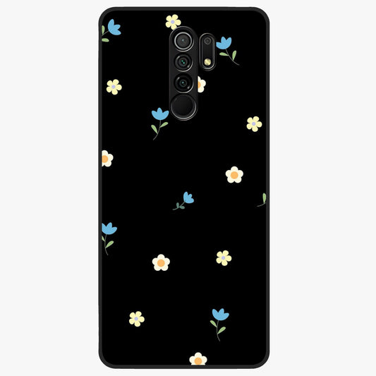 Minimalistic Blue With White Flower Pattern Glass Case showing flat back view with blue background and white flower pattern and glossy glass finish.