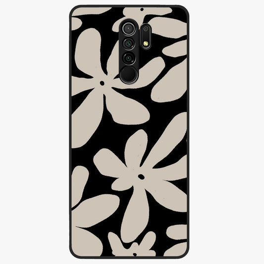 Monochrome Petal Dance Glass Case showing flat back view with monochrome floral artwork and glossy glass finish.