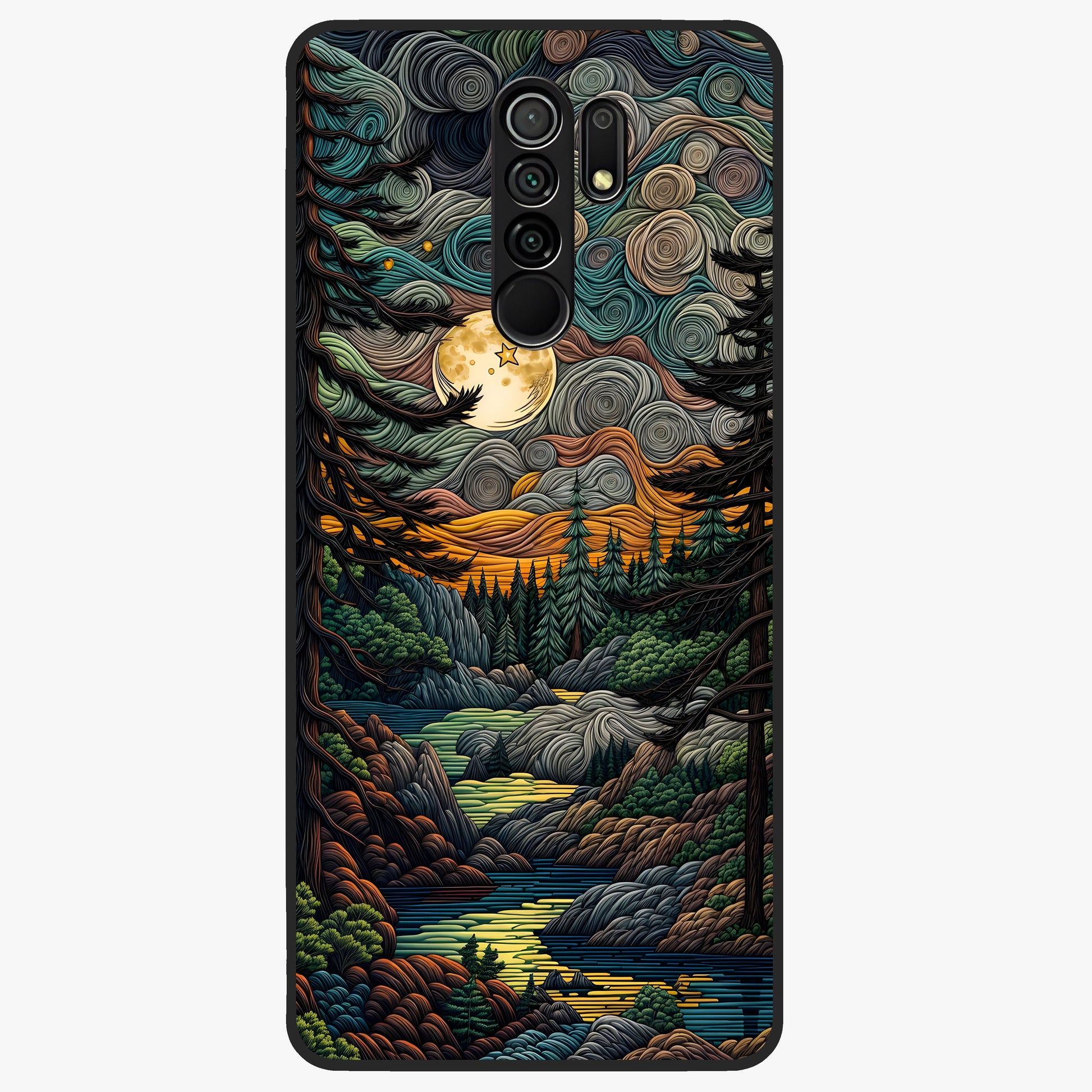 Moonlight Forest Dream Glass Case showing flat back view with mystical forest moonlight artwork and glossy glass finish.