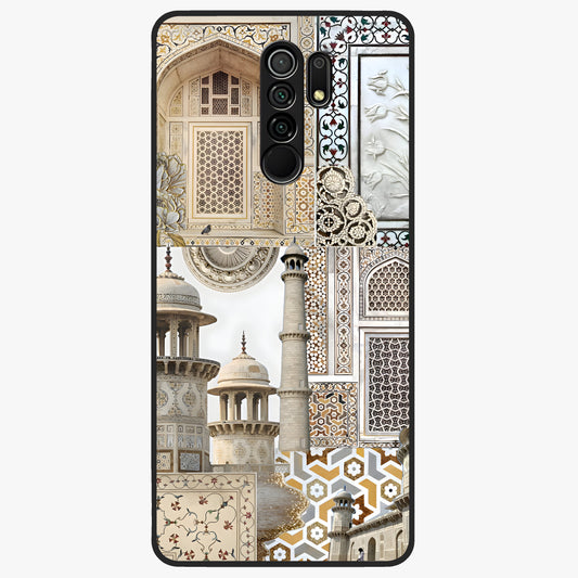 Mughal Marble Legacy Glass Case showing flat back view with intricate Mughal inspired marble pattern and glossy glass finish.
