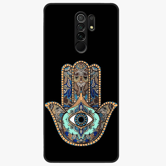 Mystic Hamsa Eye Glass Case showing flat back view with protective hamsa hand and evil eye artwork and glossy glass finish.