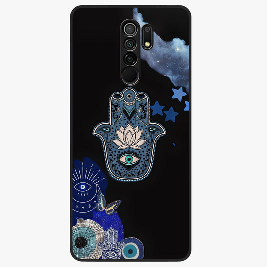 Mystic Hand Aura Glass Case showing flat back view with mystical hand symbol artwork and glossy glass finish.