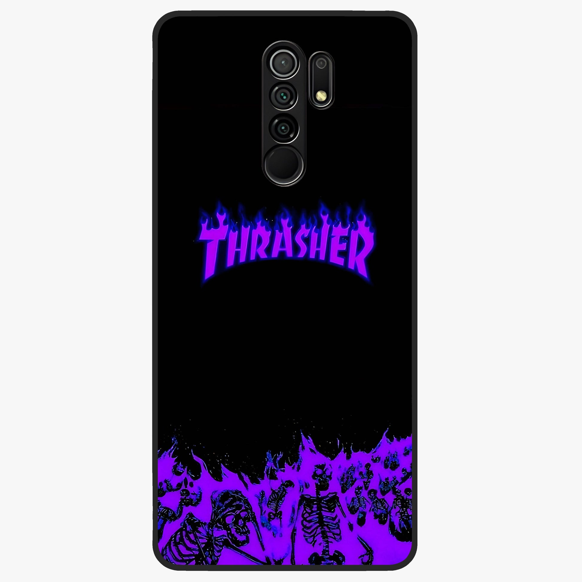 Neon Flame Riot Glass Case showing flat back view with neon flame artwork and glossy glass finish.