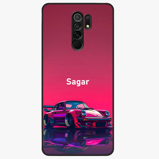 Neon Pink Porsche Glass Case showing flat back view with stylish sports car artwork and glossy glass finish.