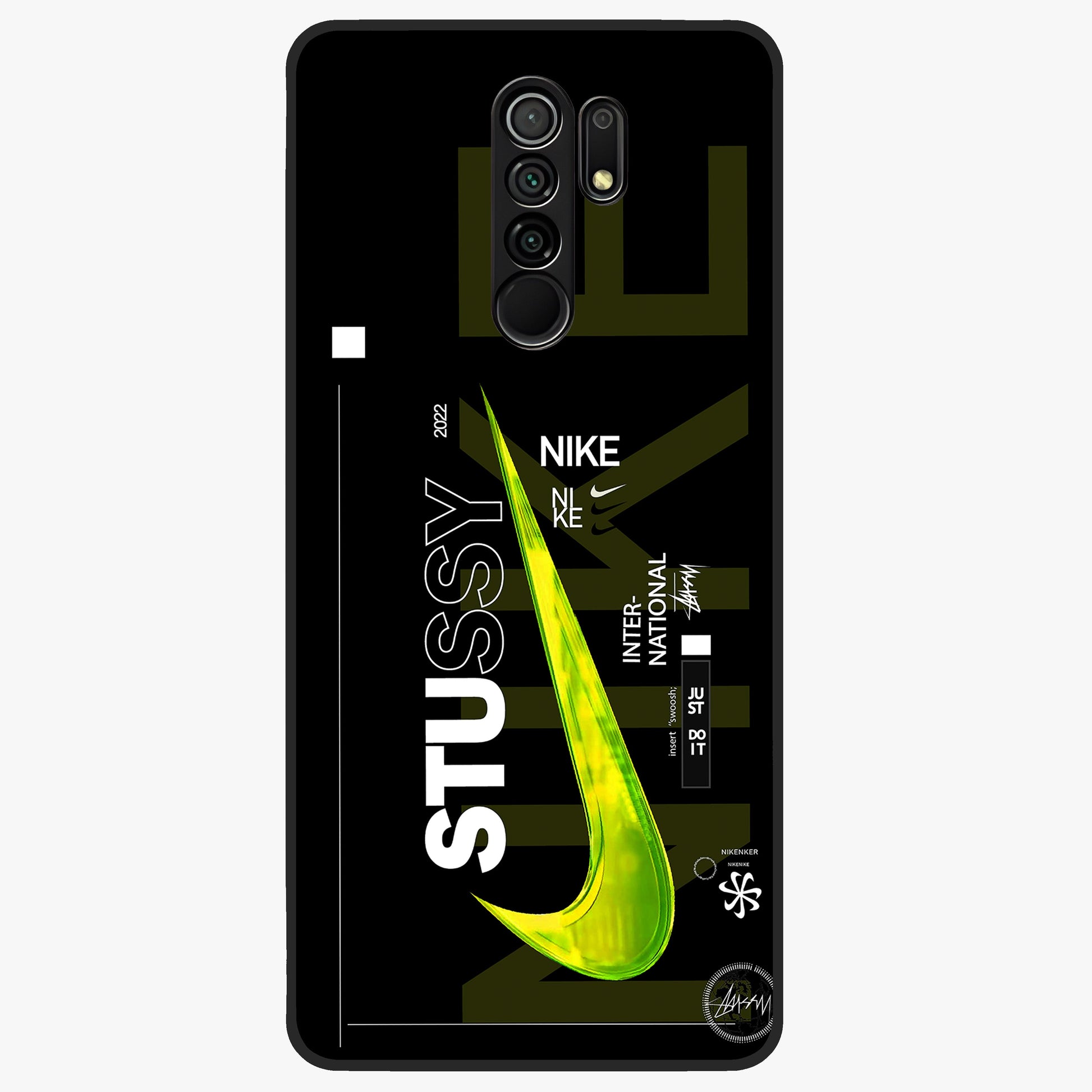Neon Street Edition Glass Case showing flat back view with neon street style artwork and glossy glass finish.