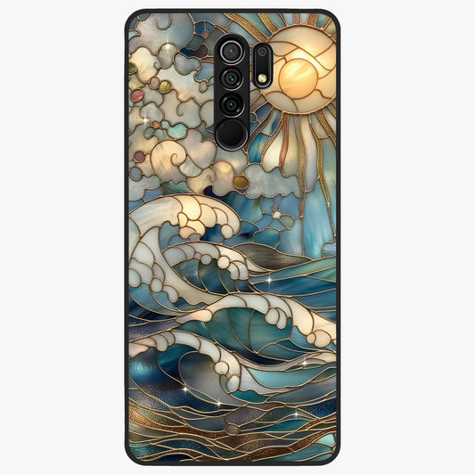 Oceanic Stained Printed Glass Case showing flat back view with ocean inspired stained pattern artwork and glossy glass finish.