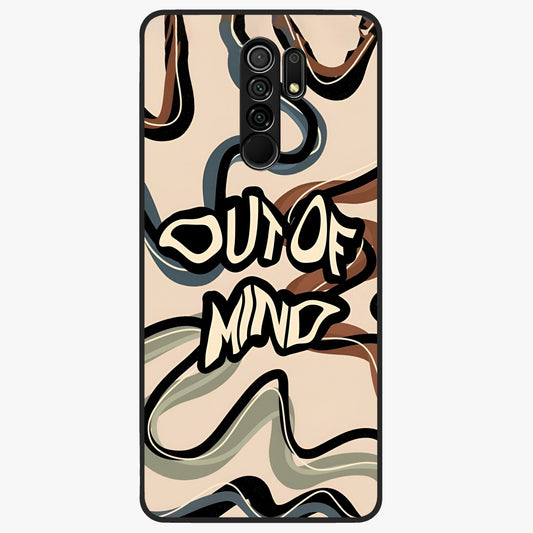 Out Of Mind Glass Case showing flat back view with expressive typography artwork and glossy glass finish.