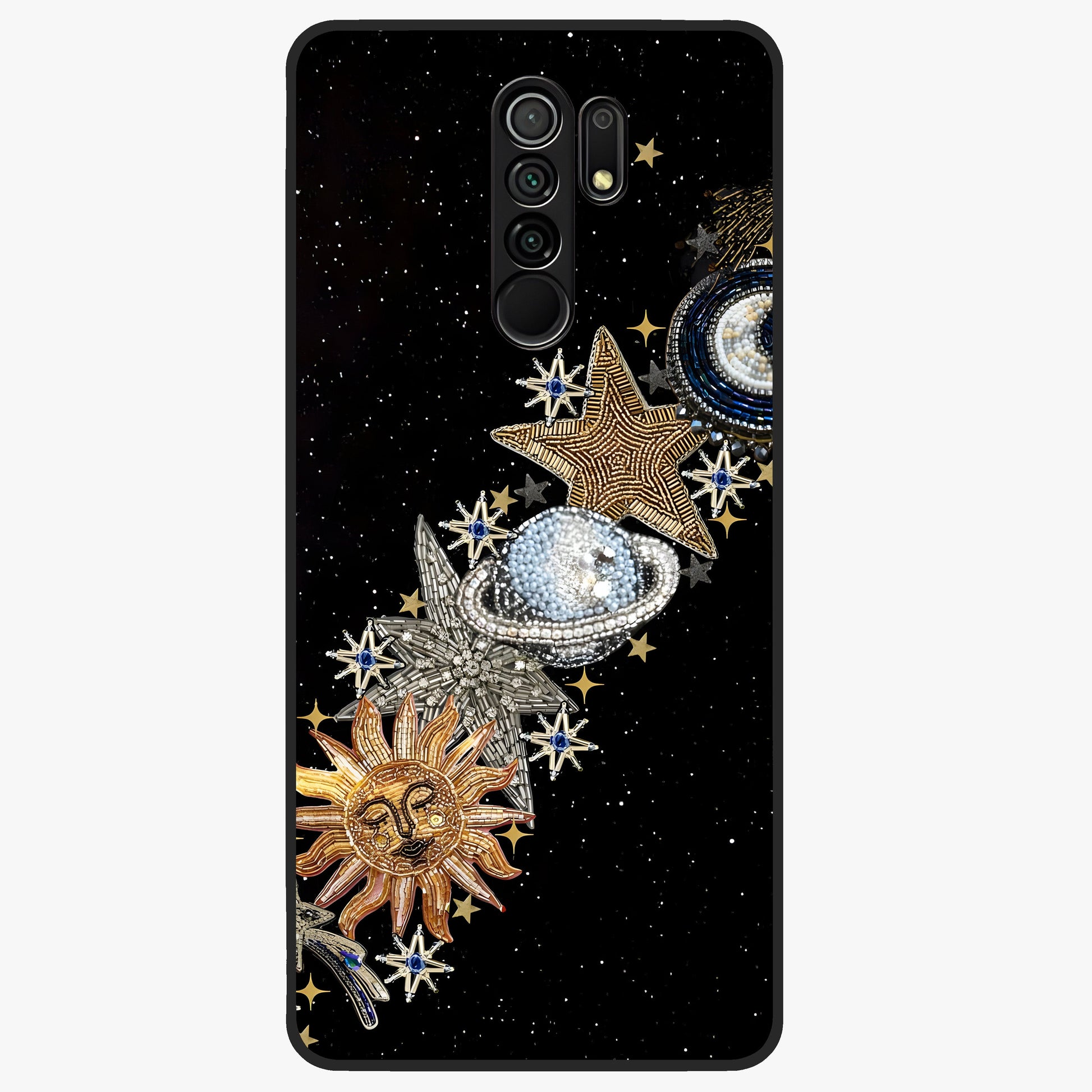 Pearls Universe Object Glass Case showing flat back view with pearl inspired cosmic artwork and glossy glass finish.