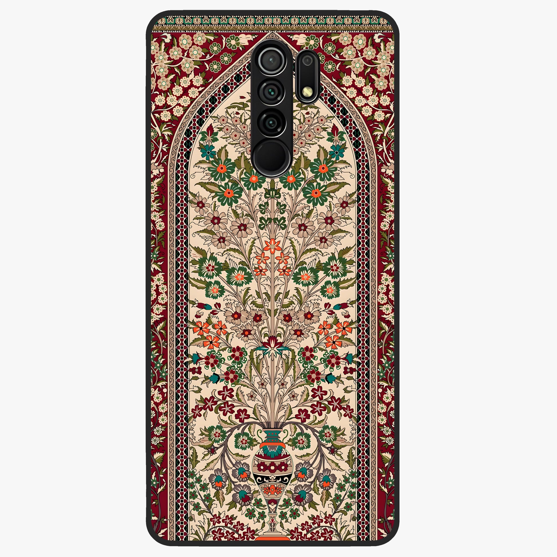 Persian Inspired Glass Case showing flat back view with ornate Persian style pattern artwork and glossy glass finish.