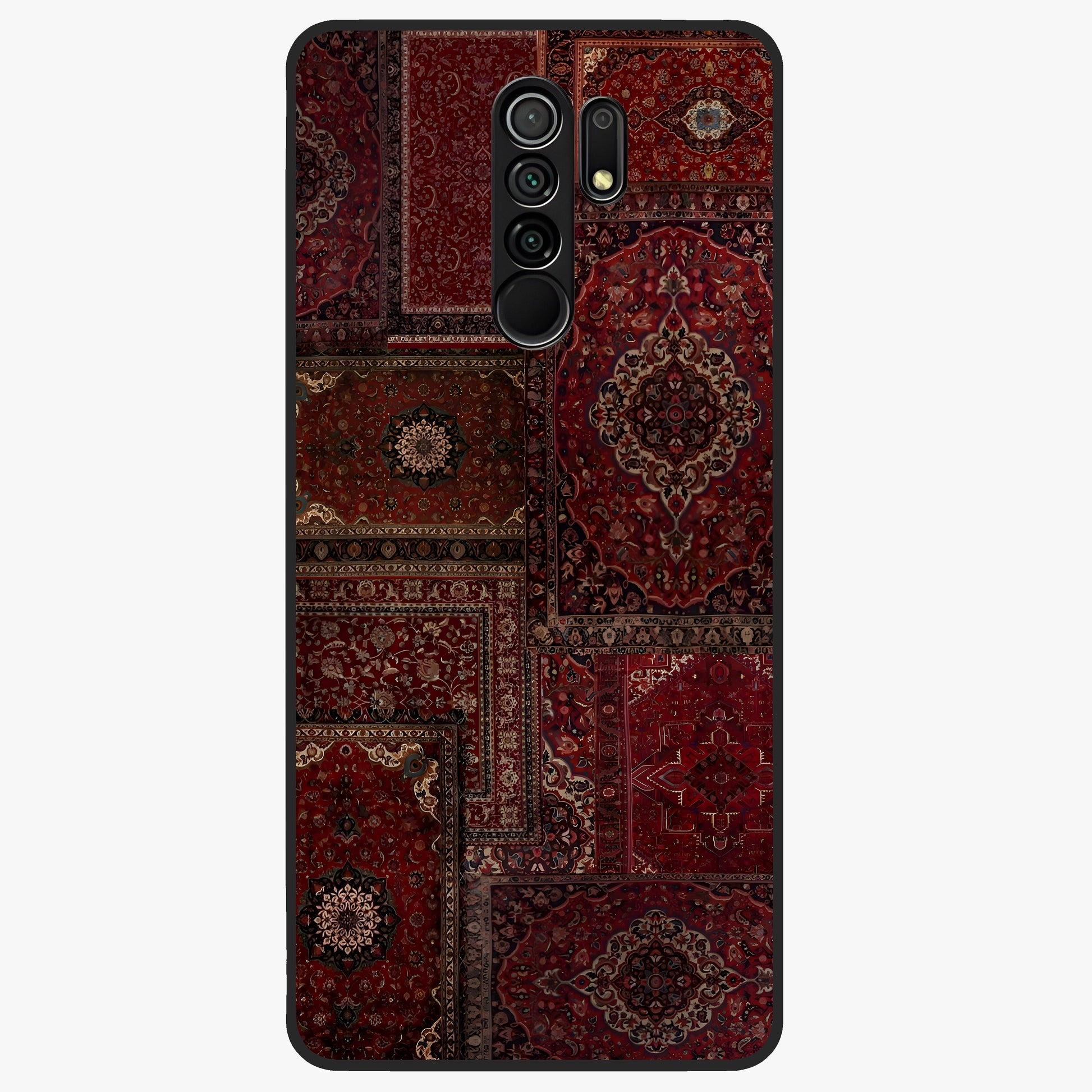 Persian Velvet Tale Glass Case showing flat back view with luxurious Persian velvet pattern artwork and glossy glass finish.