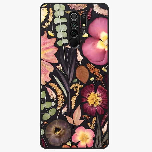 Petal Dream Tapestry Glass Case showing flat back view with intricate floral tapestry artwork and glossy glass finish.