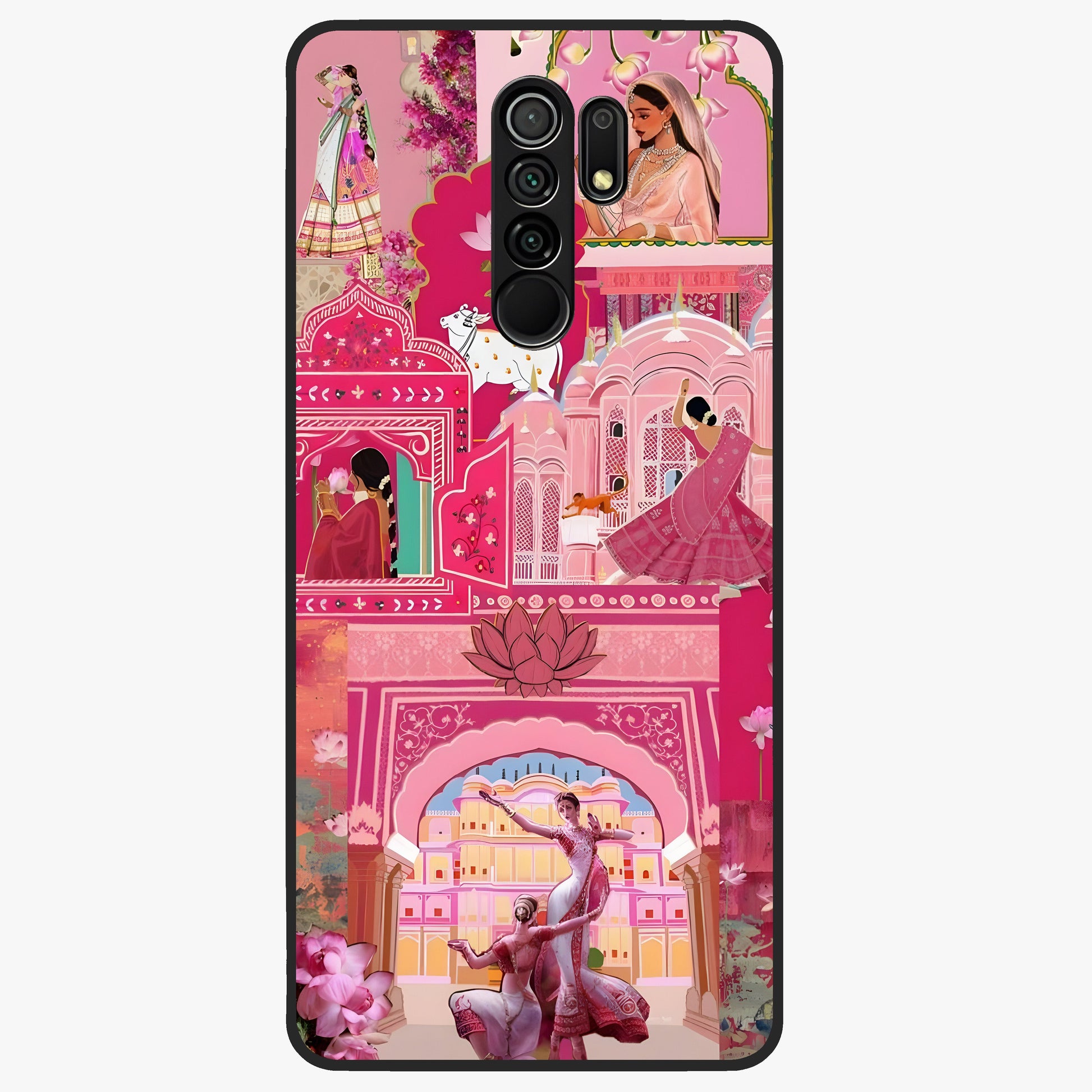 Pink Palace Muse Glass Case showing flat back view with elegant palace inspired artwork and glossy glass finish.